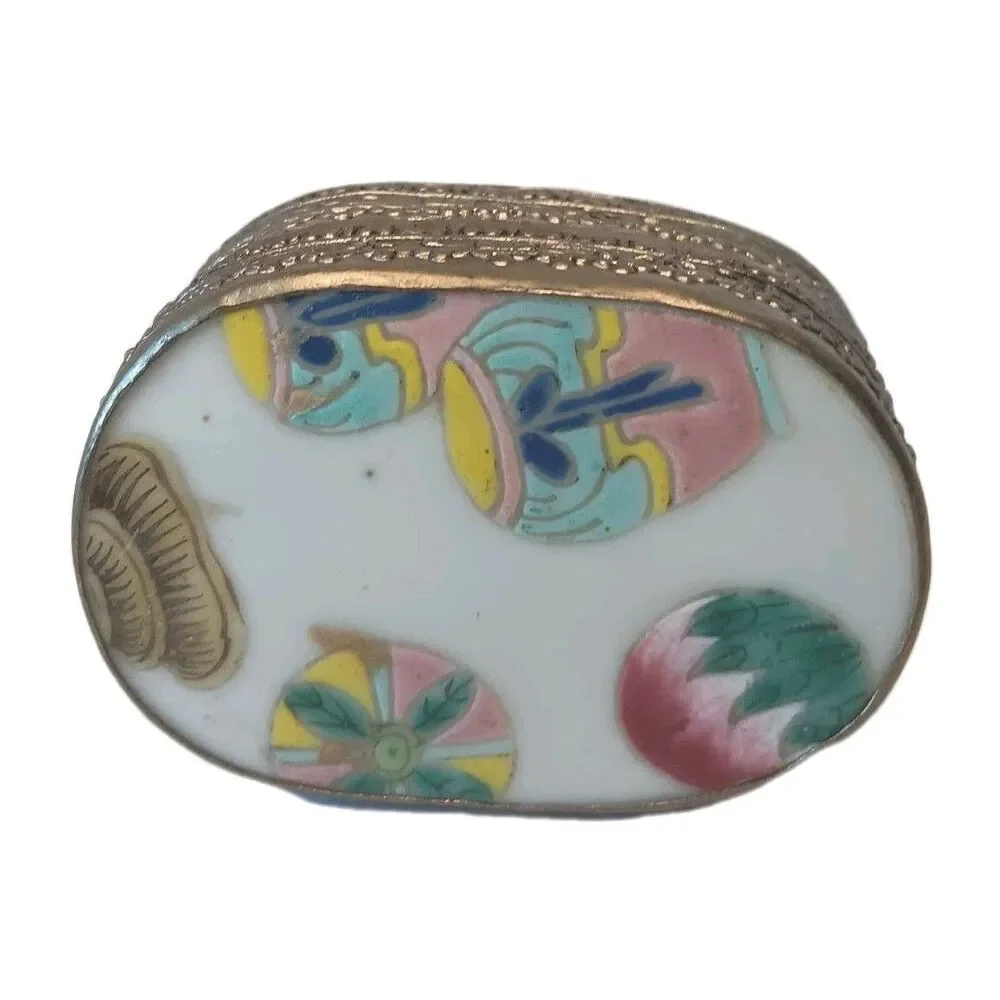 VTG Chinese Porcelain Shard Trinket Box Silver Plated Pastel Pink Blue Yellow